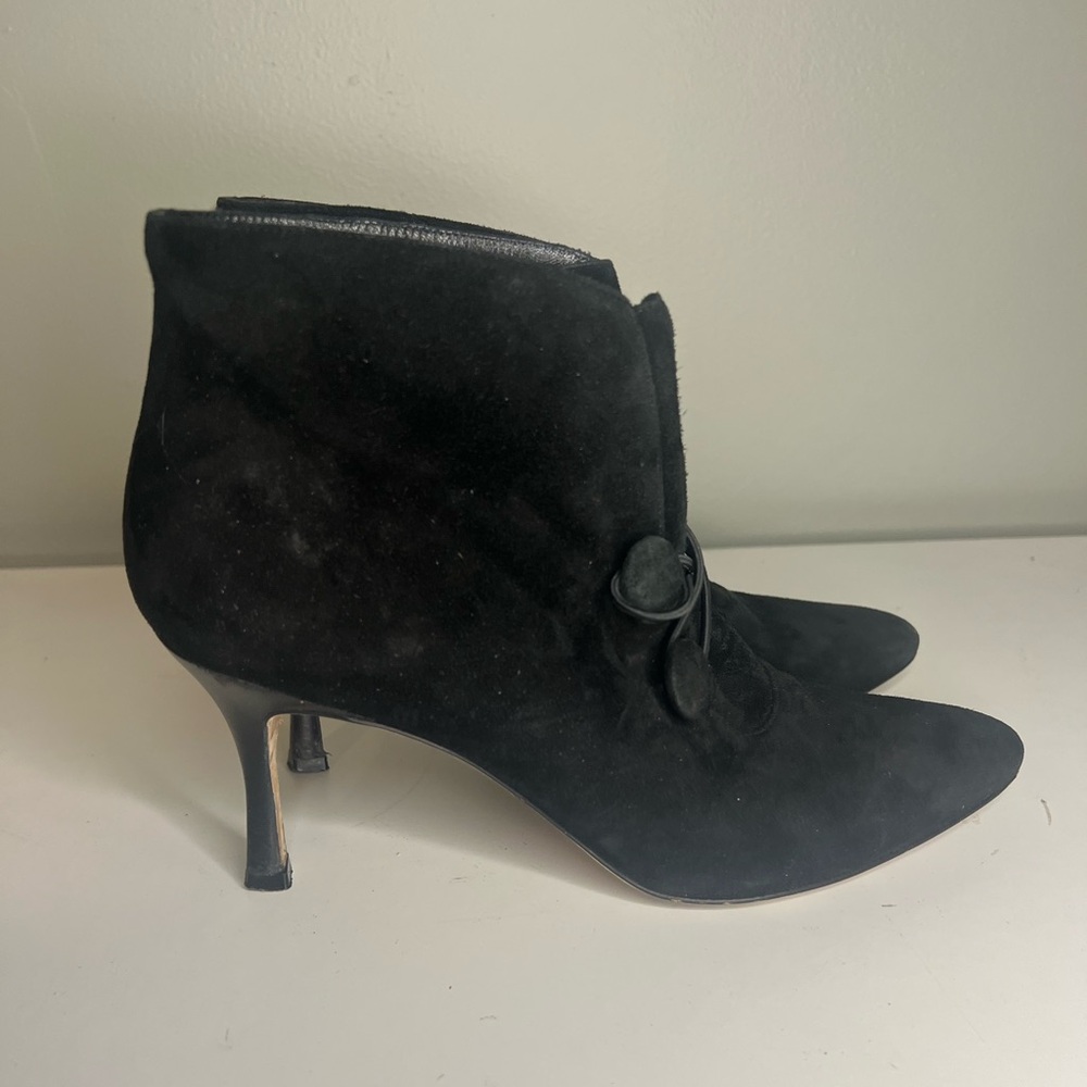 Manolo Blahnik Toggle Suede Slip On Heeled Anke Bootie